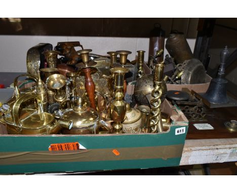 THREE BOXES OF BRASS, COPPER AND METALWARE, to include a set of four Tibetan singing bowls, a pierced patterned brass incense
