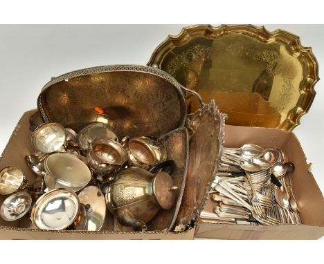 A BOX OF ASSORTED WHITE METAL WARE, to include two large trays, goblets, a three piece E.P.C tea set, tea caddy, dishes and o