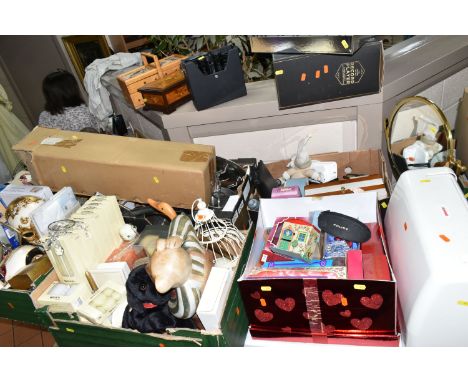 SIX BOXES AND LOOSE SEWING MACHINE AND SUNDRY HOME WARES, to include a cased Janome Decor Excel II 5024 sewing machine, Polic