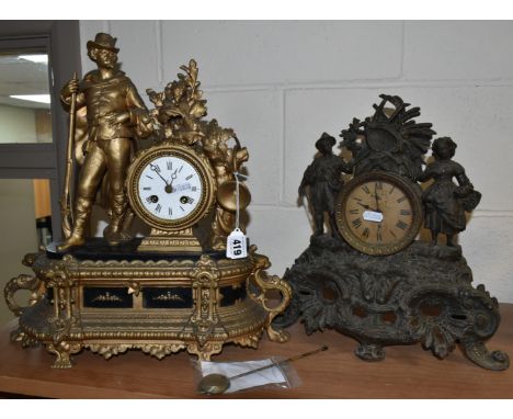 A FRENCH EIGHT DAY CLOCK WITH PENDULUM AND ONE OTHER GILT METAL CLOCK, comprising a gilt metal clock with a figure of a game 