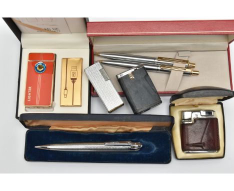 LIGHTERS AND PENS, to include a boxed 'Lighter classic fashionable' USB lighter with wire, a boxed 'Ronson' lighter  with lea