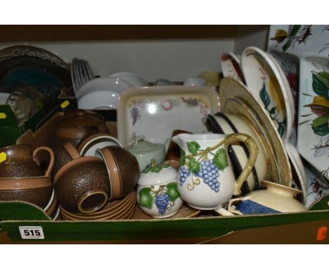 FOUR BOXES AND LOOSE CERAMICS AND GLASSWARE, to include a two tier glass cake stand, Cornish kitchenware mixing bowl, Denby t