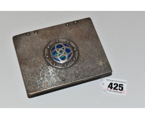 A SMALL ARTS &amp; CRAFTS CAMBRAY WARE CARD BOX, a silver plated Cambray Ware Arts &amp; Crafts enamel card box, of rectangul