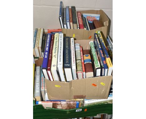 FOUR BOXES OF BOOKS, approximately sixty titles in hardback and paperback format, subjects to include motoring and vintage ca