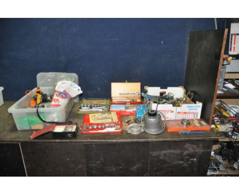 TWO TRAYS CONTAINING AUTOMOTIVE AND ENGINEERING TOOLS including Imperial and Metric taps and dies, sockets sets, a Regulac tr