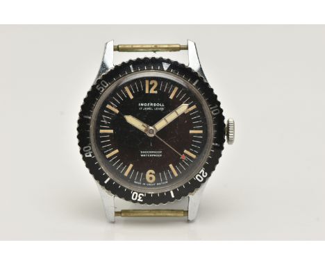 A GENTS 'INGERSOLL' WATCH HEAD, manual wind, round black dial singed 'Ingersoll 17 Jewels Lever, Shockproof water proof', lum