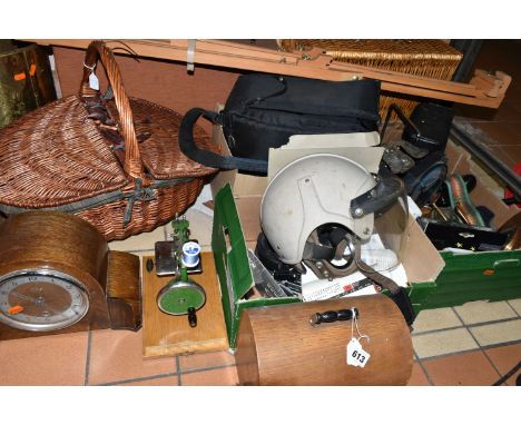 THREE BOXES AND LOOSE MISCELLANEOUS SUNDRIES, to include a 'Grain' sewing machine, wicker picnic basket, wicker hamper, artis