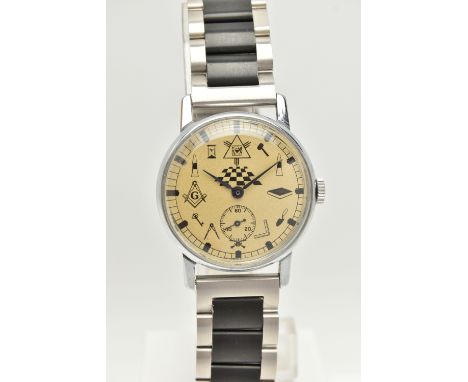 A GENTS WRISTWATCH, manual wind watch, round gold tone dial featuring Masonic items and emblems, baton markers, subsidiary di
