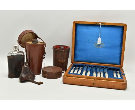 THREE LEATHER CASED DRINKING ITEMS AND A LATE VICTORIAN OAK CASED CANTEEN OF MOTHER OF PEARL HANDLED SILVER PLATED DESSERT KN