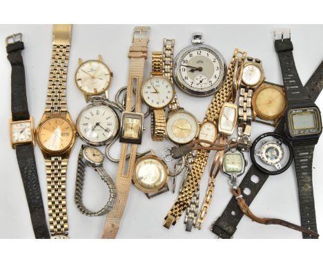 ASSORTED WRISTWATCHES AND POCKET WATCHES, to include a gents gold plated 'Seiko' quartz fitted with a bracelet and folding cl