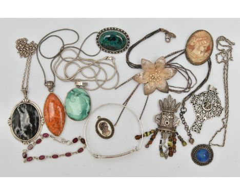 A SELECTION OF SILVER AND WHITE METAL JEWELLERY, to include mainly gem set pieces, an inlaid shell bracelet, a cameo brooch a