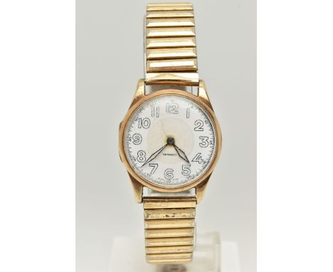 A GENTS 9CT GOLD WRISTWATCH, manual wind, round white Arabic numeral dial, open work hands, in a polished case, approximate c