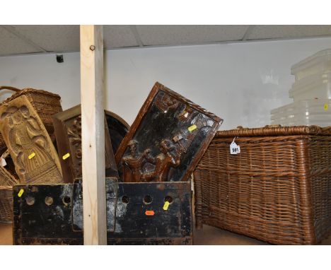 A VARIETY OF WICKER BASKETS AND TREEN to include five wicker baskets and a small wicker storage hamper, a handstitched woolle