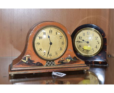 A 1930's/40's ASPREY MANTEL CLOCK, Swiss made with gilt circular dial in a lacquered chinoiserie arched case, hand painted Or