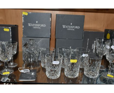 A GROUP OF BOXED WATERFORD 'LISMORE' PATTERN GLASSES, comprising eight white wine glasses, six port glasses, and six whisky t