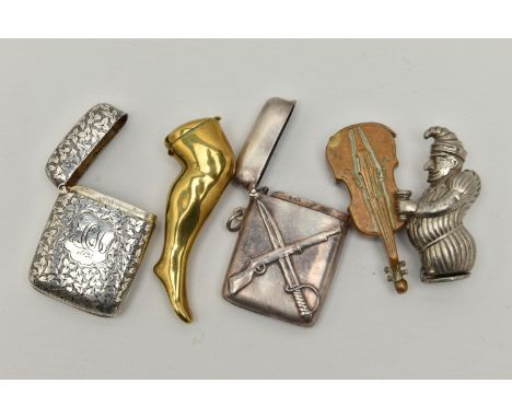 FIVE VESTA CASES, the first a silver rounded rectangular vesta with foliate pattern and engraved cartouche dated 1923, strike