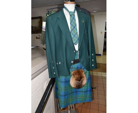 A SCOTTISH KILT, JACKET, ACCESSORIES AND A MUSQUASH FUT SPORRAN, comprising a Hector Russell of Inverness Scotland pure new w