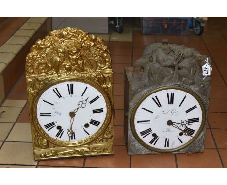 TWO LATE 19TH / EARLY 20TH CENTURY FRENCH COMPTOISE WALL CLOCKS, both with pendulum, white enamel dials with Roman numerals, 