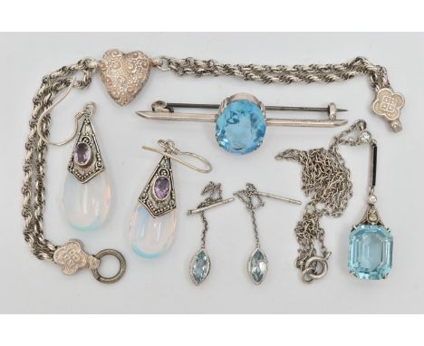 FIVE ITEMS OF WHITE METAL JEWELLERY, to include a double chain bracelet with textured heart detail missing clasp, a white met