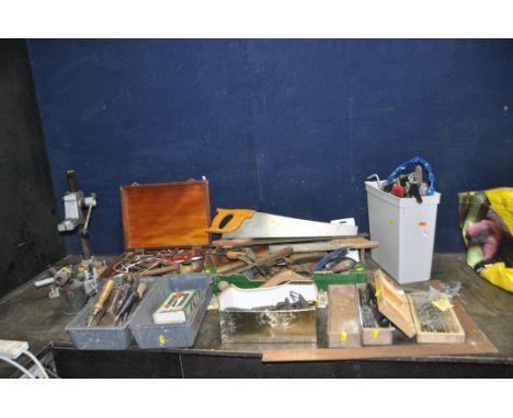 A COLLECTION OF CARPENTRY TOOLS including saws, chisels, an auger bit set, squares etc (one tray and loose)