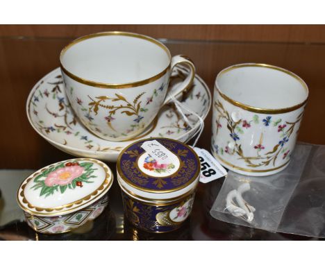 A NINETEENTH CENTURY STEVENS AND HANCOCK DERBY CUP, SAUCER AND COFFEE CAN, decorated in a floral vine with gilt detail, compr