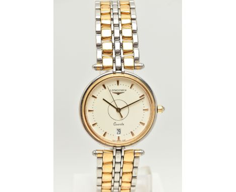 A GENTS BOXED 'LONGINES' QUARTZ WRISTWATCH, round white dial signed 'Longines Quartz', baton markers, date window at the six 