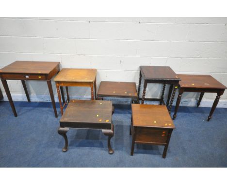 A MAHOGANY CABINET WITH A SINGLE DRAWER, raised on square tapered legs, width 66cm x depth 46cm x height 73cm, a mahogany com