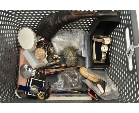 A BASKET TRAY OF ASSORTED ITEMS, to include a white metal dog figure, a pair of white metal cat figures, all unmarked, variou