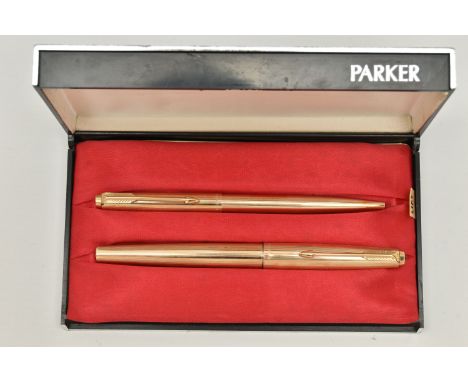 BOXED 'PARKER' PEN SET, to include a rolled gold fountain pen and matching ball point pen, in a fitted box (condition report: