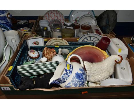 FOUR BOXES OF CERAMICS AND SUNDRIES, including Lovatts vintage style water jug and coffee pot, Spode blue Italian  covered ve