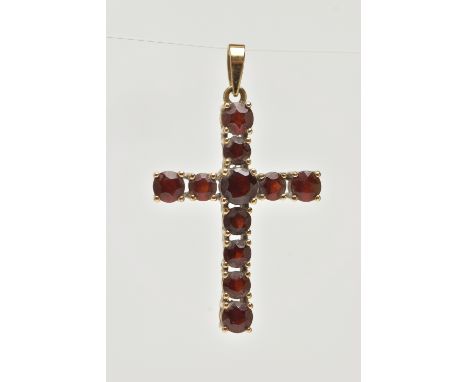A 9CT GOLD GARNET SET CROSS PENDANT, set with circular cut garnets, fitted with a tapered bail, hallmarked 9ct Sheffield impo