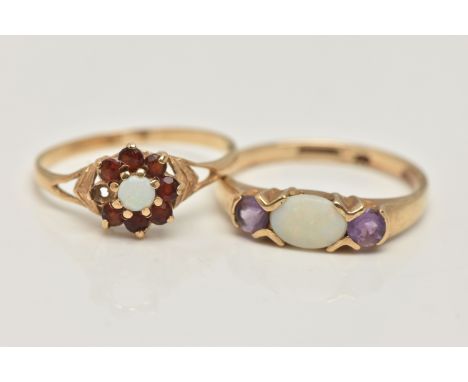 TWO LADIES 9CT GOLD RINGS, to include a boxed opal and purple cubic zirconia ring, on a polished band, hallmarked 9ct, ring s