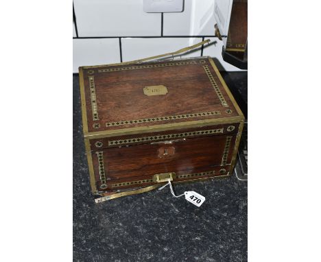 A VICTORIAN ROSEWOOD LADIES' VANITY/TRINKET BOX, complete with blue velvet interior containing plate-topped bottles and two s