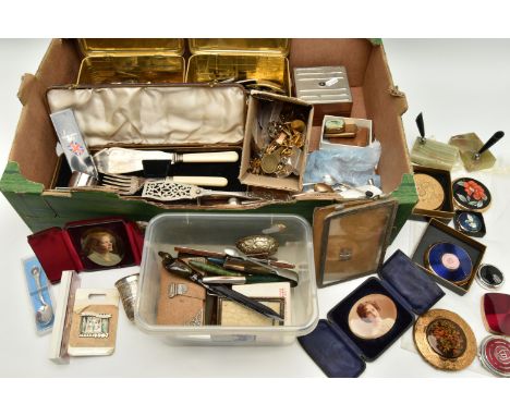 A LARGE BOX OF ASSORTED ITEMS, to include various compacts and pill boxes including 'Stratton', two framed portraits, pens, o