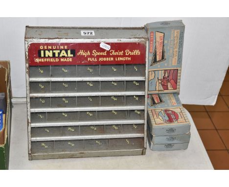A SHOP DISPLAY CASE FOR 'GENUINE INTAL HIGH SPEED TWIST DRILLS', metal display case with leaflet dispenser, together with fou