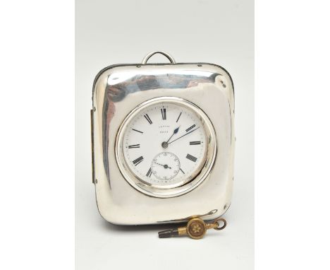 A LATE VICTORIAN SILVER OPEN FACE POCKET WATCH IN A SILVER MOUNTED TRAVEL CASE, the white face with black Roman numerals, sub