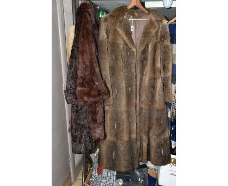 THREE BOXES OF MEN'S CLOTHING, THREE LADIES FUR COATS AND TWO FUR STOLES, comprising a long length natural brown fur coat, a 