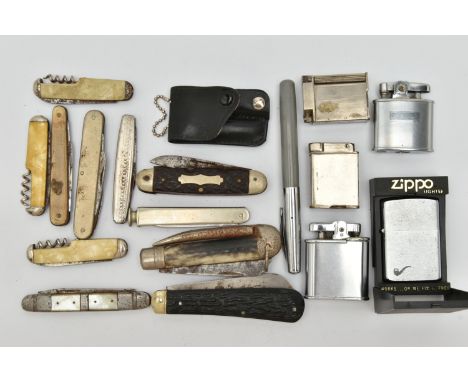ASSORTED FRUIT/POCKET KNIVES AND LIGHTERS, eleven pocket/fruit knives, some fitted with additional tools, a leather pouch wit