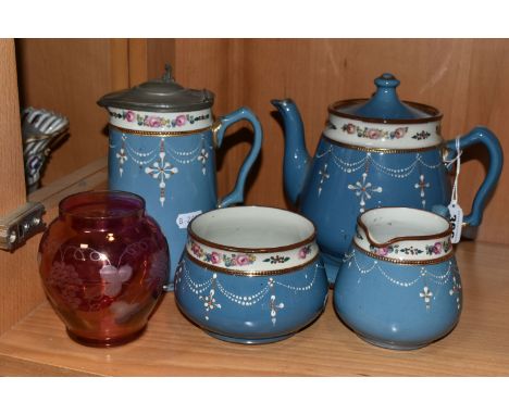 A TWENTIETH CENTURY TEA SET, comprising teapot, teapot stand, milk jug, sugar basin (hairline crack) and hot water jug, possi