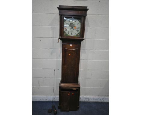 A GEORGIAN OAK 30 HOUR LONGCASE CLOCK, the box hood enclosing a painted 11'' dial, with Roman numerals and subsidiary date ap