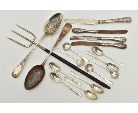 A PARCEL OF 19TH AND 20TH CENTURY SILVER FLATWARE, comprising a matched pair of George III tablespoons with later foliate dec