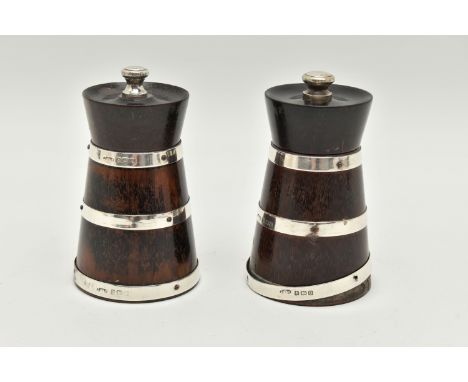 A PAIR OF GEORGE V SILVER MOUNTED TREEN PEPPERMILLS OF MILK CHURN OUTLINE, each mounted with three hallmarked bands, makers J