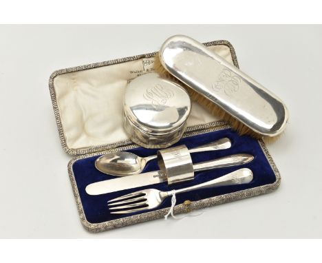 A SMALL GROUP OF SILVER, comprising a cased christening set of Rat tail pattern fork and spoon with matching knife and napkin