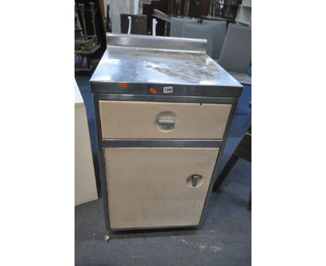 AN ENAMEL AND STAINLESS STEEL KITCHEN UNIT, with a single drawer and cupboard, width 54cm x depth 53cm x height 98cm (conditi