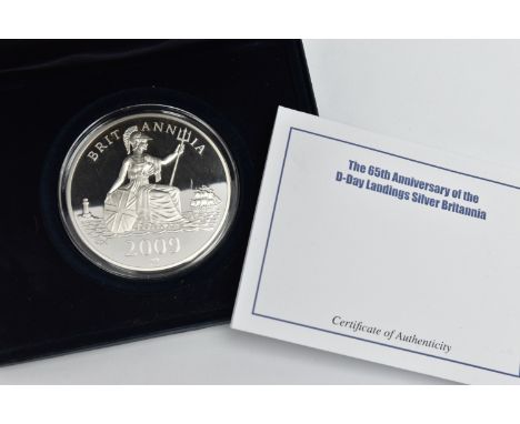 A BOXED WESTMINSTER BRITANNIA 2009 COIN, The 65th Anniversary of the D-Day Landings Silver Britannia, 999 silver, 65mm, weigh