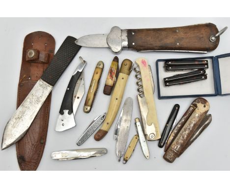 A BAG OF ASSORTED POCKET, FRUIT AND TWO KNIVES, to include eight fruit knives, two with mother of pearl handles, two butterfl