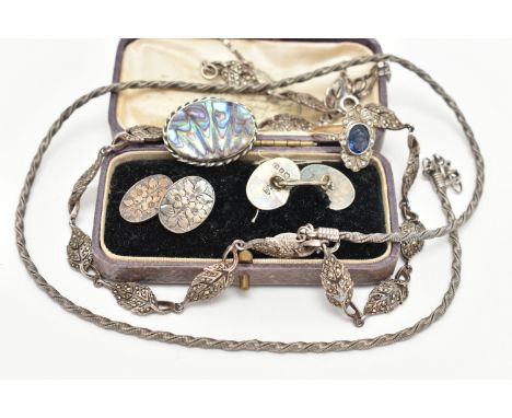 A SMALL BAG OF JEWELLERY, to include a boxed set of oval chain cufflinks with floral detail, hallmarked 'T Heatley' Birmingha