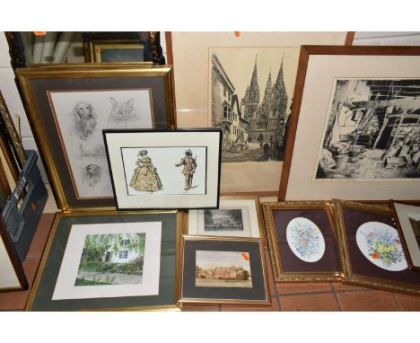 A BOX AND LOOSE PICTURES AND PRINTS ETC, to include two James Priddy (1916-1980) drypoint etchings, the first 'The Pearl Stud