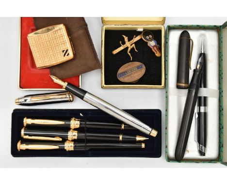 A BOX OF ASSORTED ITEMS, to include a 'Cross' fountain pen, a boxed 'Ronson' three piece set containing a fountain pen, ball 