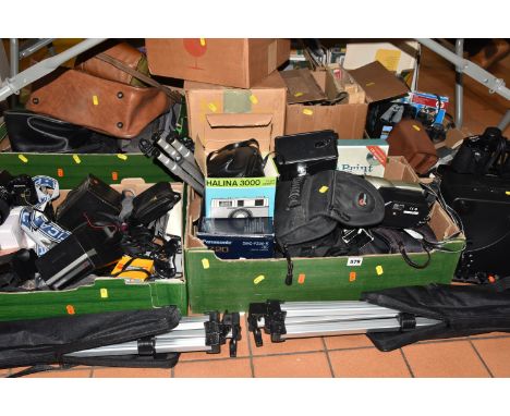 FOUR BOXES AND LOOSE CAMERAS AND PHOTOGRAPHIC EQUIPMENT, comprising a pair of Omega field binoculars No.3723, Tasco binocular